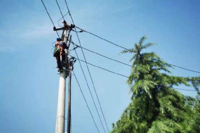 電桿上進行更換金具作業(yè)